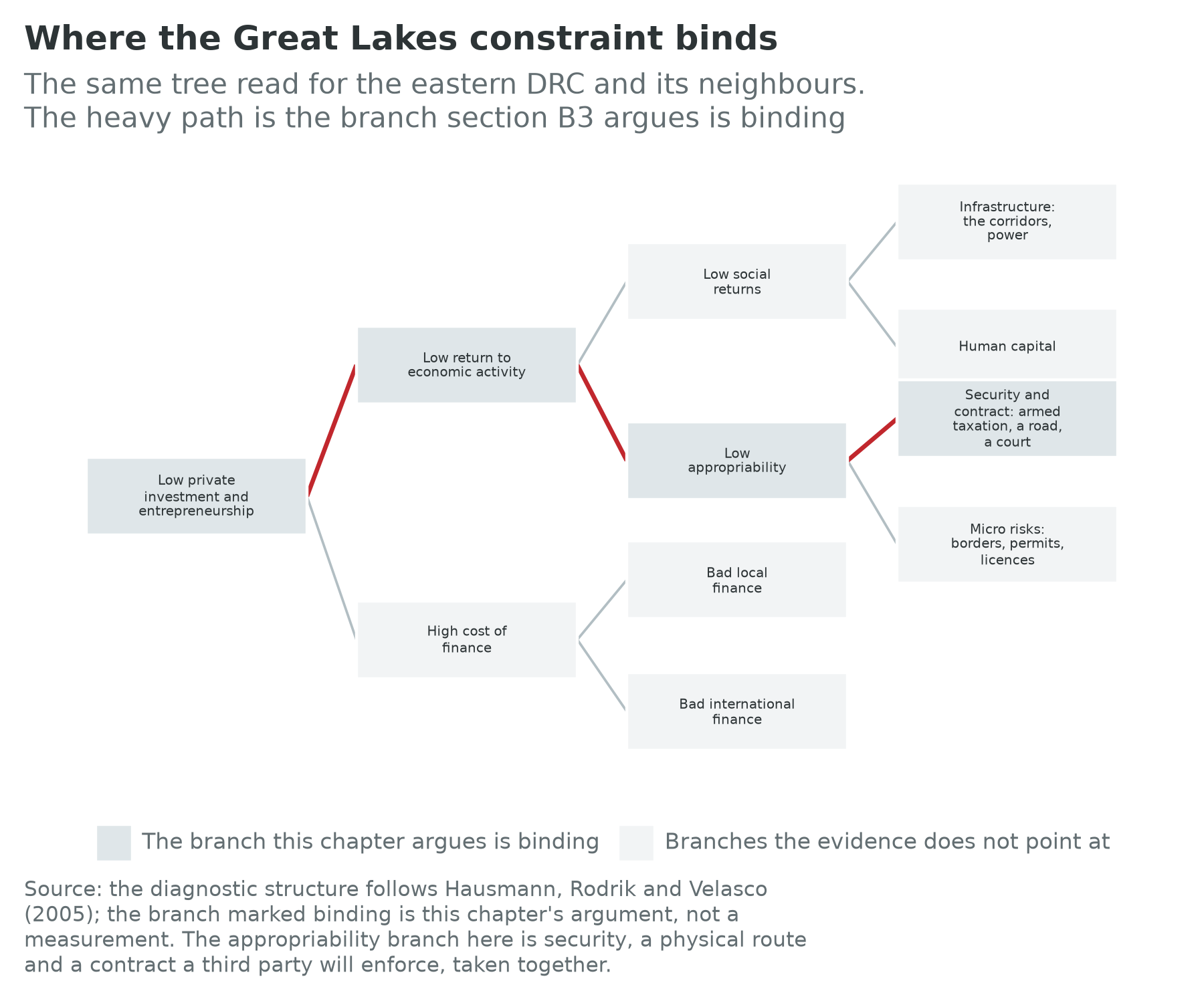 Growth diagnostic tree for the Great Lakes and eastern DRC with the appropriability branch marked as binding